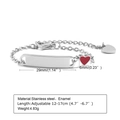 Silver stainless steel ID bracelet with red enamel heart charm and adjustable chain - Style 27 Kids (Silver/Red Heart/ID Plate)
