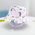 Kids white cotton bucket hat with colorful cartoon unicorn patterns and adjustable chin strap - White-Unicorn