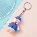 Cartoon crooked neck duck keychain in blue outfit and hat with metal ring - Bow Tie Duck