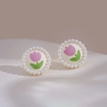 Eleganti clip per orecchie a tulipano con perle e design floreale rosa su tessuto - Orecchini a clip / Tulipano Viola
