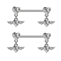 Pair of stainless steel nipple rings with heart-shaped angel wing pendants and CZ stones - Platinum Plated White Zircon
