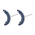 Detailed view of crescent moon stud earrings with blue pave zircon in silver setting - White Gold Blue Zircon Moon