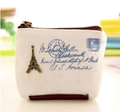 Retro canvas coin purse in beige and brown with Eiffel Tower charm and vintage stamp - Off-white Eiffel Tower