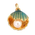 Enamel seashell charm pendant in turquoise and gold finish with a white pearl center - Turquoise Opening Pearl Shell