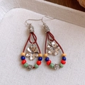 Ethnic handmade earrings with red woven cord, silver cherry blossom and colorful beads - 41# Ear Hook - Silver - Colorful - Flower