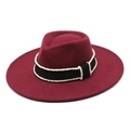 Detail of burgundy wool fedora with pearl-embellished black grosgrain ribbon trim - M (56-58cm) / Burgundy