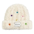 Winter plush bucket hat in beige with colorful buttons and minimalist knit texture - Button Decoration Style / White