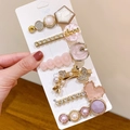 Pink and purple rhinestone hair clip set with pearl accents and heart-shaped designs - Heart Shape 6-Piece Set