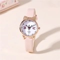 Quarzuhr für Mädchen mit rosa Lederarmband, goldenen Katzenohren und süßem Katzen-Zifferblatt - Rosa