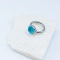 Elegant silver stainless steel ring featuring a square light blue zircon on white crystal - Silver Base: Mar-Marine Blue