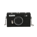Glittery black camera-shaped clutch bag with silver chain strap and spotlight text - Black