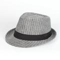 Side view of grey striped cotton fedora hat with a black decorative ribbon band - 57cm (Adjustable) / Gray