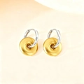 Minimalist silver hoop earrings with gold donut pendant in two-tone matte finish - Circle Shape / Gold and Silver Two-tone