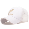 White trucker hat with gold feather embroidery and Freedom text in mesh design - Adjustable / White (Feather Pattern)