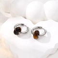 Detail view of vintage stainless steel hoop earrings with translucent natural stone beads - 4# Brown Natural Stone
