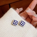 Checkered blue and white square stud earrings with gold trim on white knit sweater - 39# Silver Needle - Blue and White Grid