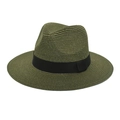 Detail of dark green straw fedora hat with black ribbon showing woven texture - Dark Green