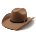 Classic brown western cowboy hat with black leather band and curved brim shown in 3/4 view - M (56-58cm) / Khaki