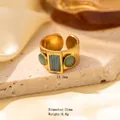 Vintage gold-plated titanium steel ring with three green cat-eye stones, 12.2mm wide - Adjustable Open / Gold Retro Wide Band with Rectangle Green Gemstone (JOM25015)