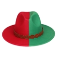 Two-tone red and green wool fedora hat with a brown braided band and flat wide brim - Red Green Patchwork With Belt