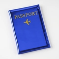 Macro detail of blue laser glossy PU leather passport cover with yellow logo print - Dark Blue / 14×10cm