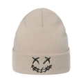Beige knit beanie with black embroidered ghost face showing detailed ribbed texture - M (56-58cm) / Beige