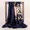 Elegant navy blue satin square scarf with pink peony floral print on metal rack - 90cm*90cm / Navy Blue