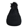 Chunky cable knit winter beanie in solid black with matching faux fur pom pom - Black