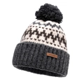 Deep grey and cream knit beanie with pom-pom and jacquard wave pattern - Adjustable / Gray