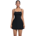 Detailed view of the slim shoulder straps and high-stretch fabric on the black tennis dress - S / Black