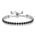 Adjustable silver bolo bracelet with round black cubic zirconia stones in a tennis style - White Gold + 4mm Round Black Stone