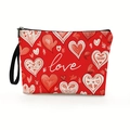 Red heart-patterned cosmetic bag with white love script print and black handle strap - Heart Love Lettering (Style 2)