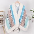 Blue and brown patterned knit shawl with white faux fur collar on wooden hanger - Retro Sky Blue / 140cm