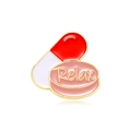 Cartoon pill enamel pin featuring red capsule and pink round Relax tablet design - Relax Pill and Capsule Style (CZ0508-1)