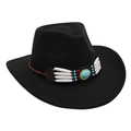 Detail of western cowboy hat featuring ethnic brown leather band with turquoise stone - One Size / Black