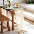 Elegant light beige cheesecloth table runner with rustic wrinkled texture on wooden table - 90*180cm / Beige
