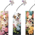 Set di segnalibri pittura diamante fai-da-te con cuccioli, nappe a farfalla e perline 5D - SQ-48 (Cani Corgi e Fiori/Set di 3)