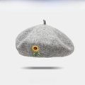 Gray wool beret with vibrant sunflower embroidery in a vintage British style - Gray