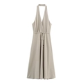 Sleeveless halter neck deep V-neck midi dress with drawstring waist in taupe beige - XS / Apricot