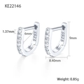 S925 sterling silver U-shaped hoop earrings with zircons measuring 9mm in height - 6mm / Silver