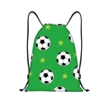 Detail of green polyester drawstring bag with football and star prints and black ropes - Green Background Soccer Yellow Stars (jiayingskd74)