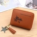 Brown mini PU leather coin purse with zipper, bamboo print, and tassel star keychain - Caramel color