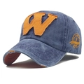 Navy blue vintage baseball cap with orange W patch and side embroidery detail - Navy Blue