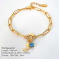 14K vergulde roestvrijstalen schakelarmband met letter J en blauwe steen bedeltje - Letter J / Staalkleur