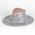 Close-up of leopard print cowboy hat with orange braided rope trim and soft texture - Light Gray Leopard