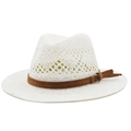 Chapeau de paille de raphia ajouré avec bande en daim marron et boucle métallique chic - Blanc pur