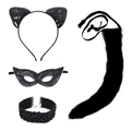 Black sequin cat cosplay set with ears headband, eye mask, collar and plush tail accessory - Black Set Style 1 (4 Pcs) / Black