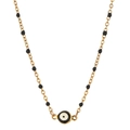 Nahaufnahme der goldenen Edelstahl-Halskette mit Evil Eye und schwarzen Perlen - SL386-Dunkelblaue Perlen
