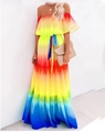 Rainbow gradient off-the-shoulder maxi dress with vibrant sunset tones and waist belt - S / Dresses / Yellow Floral