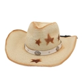 Λεπτομέρεια από ψάθινο καπέλο cowboy με σχέδια αστεριών και δερμάτινη αγκράφα - Μπεζ